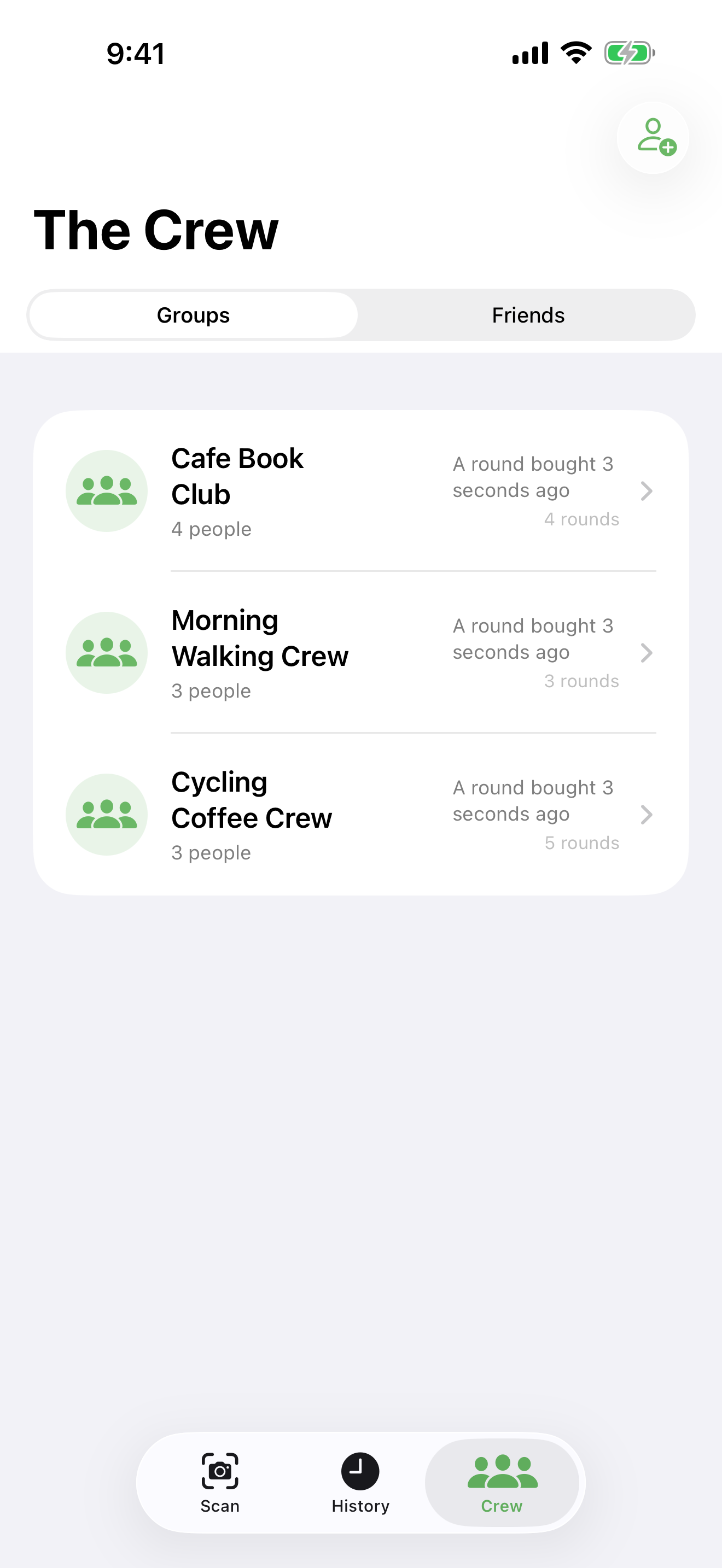 Crew view showing friends list